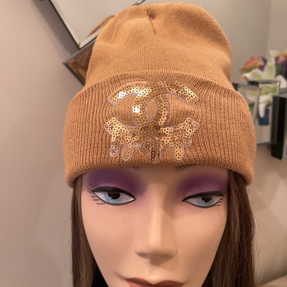Tan Beanie with Gold Sequin Logo